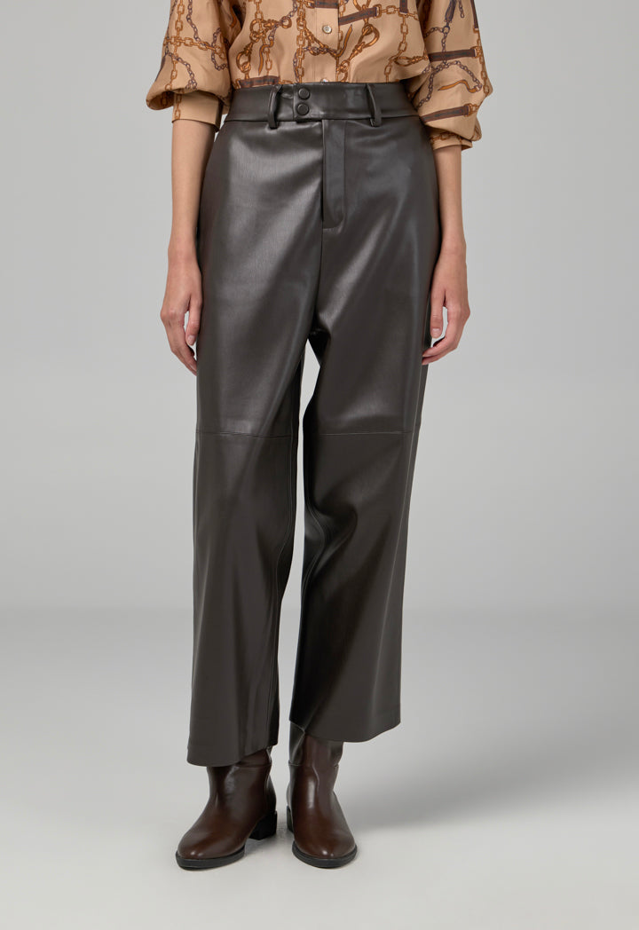 Choice Pu Leather Wide Legs Basic Trousers Brown
