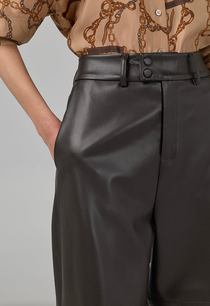 Choice Pu Leather Wide Legs Basic Trousers Brown