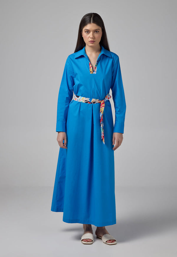 Choice Solid Dress With Printed Belt Cobalt