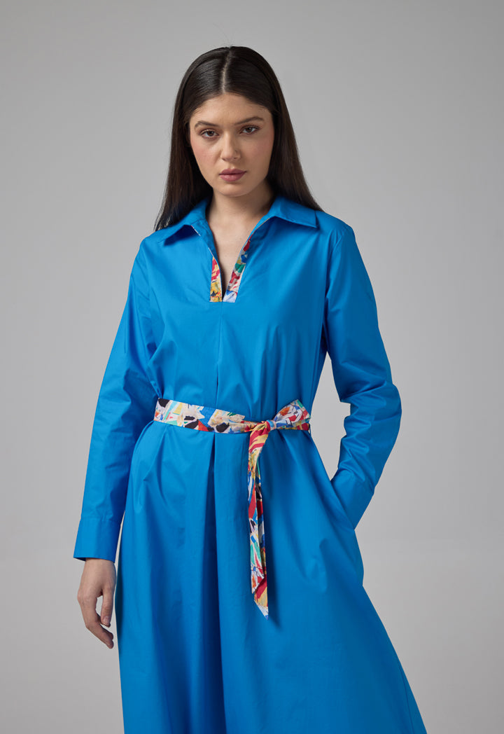 Choice Solid Dress With Printed Belt Cobalt