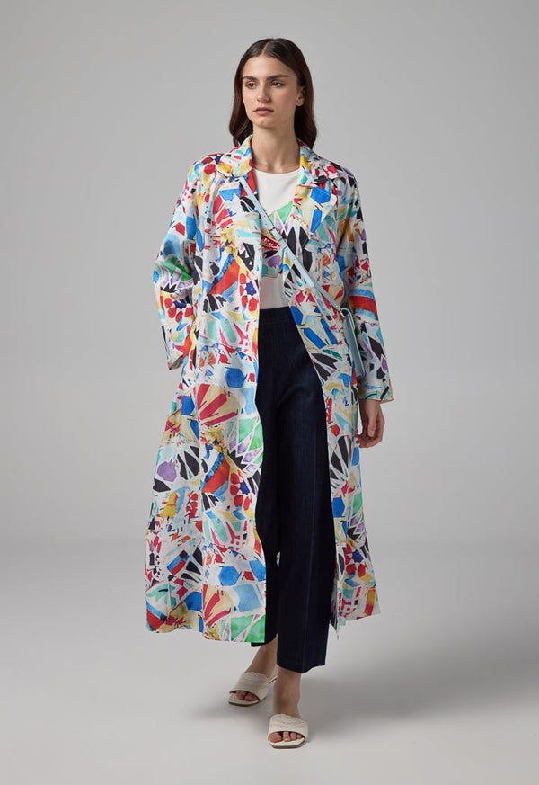 Choice Notched Collar Belted Abstract Print Coat Multi Color