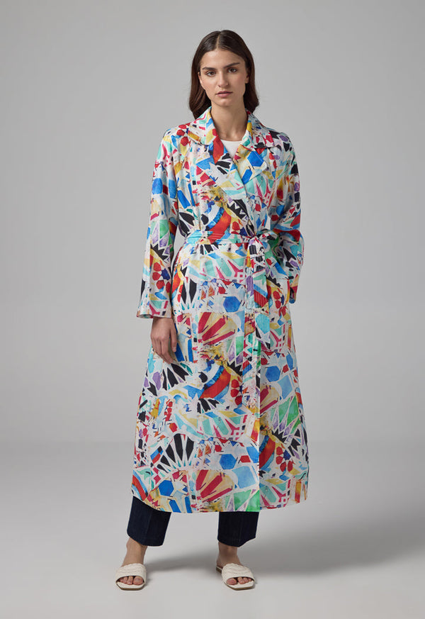 Choice Notched Collar Belted Abstract Print Coat Multi Color