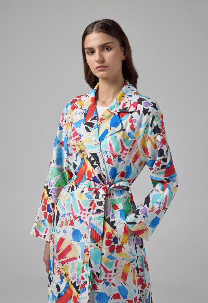 Choice Notched Collar Belted Abstract Print Coat Multi Color