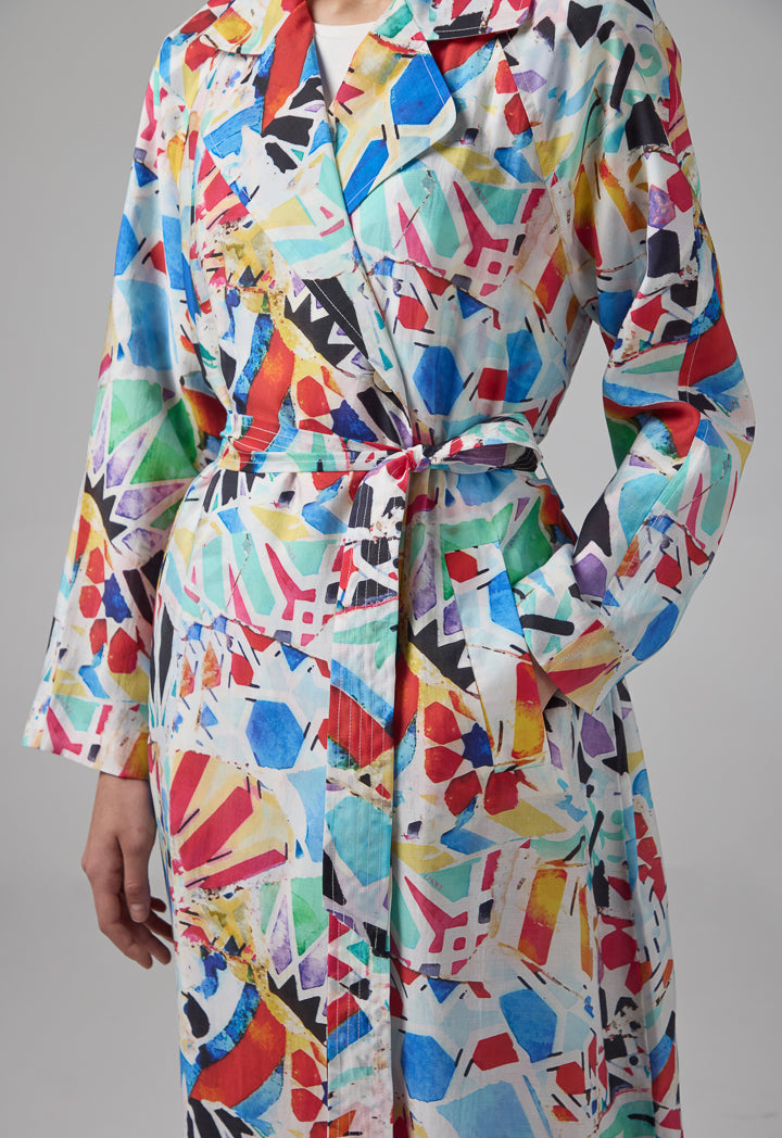 Choice Notched Collar Belted Abstract Print Coat Multi Color