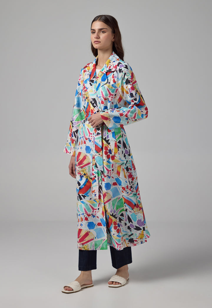 Choice Notched Collar Belted Abstract Print Coat Multi Color