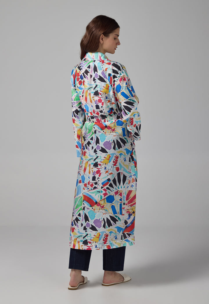 Choice Notched Collar Belted Abstract Print Coat Multi Color