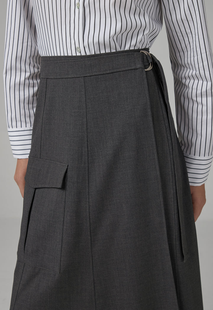 Choice Solid Wrap Flap Pocket Skirt Dark Grey