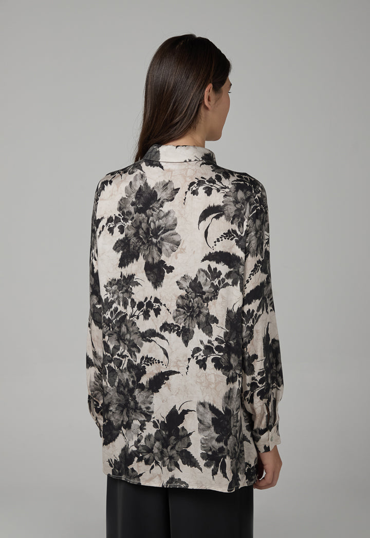 Choice Floral Printed Long Sleeve Shirt  Black-White