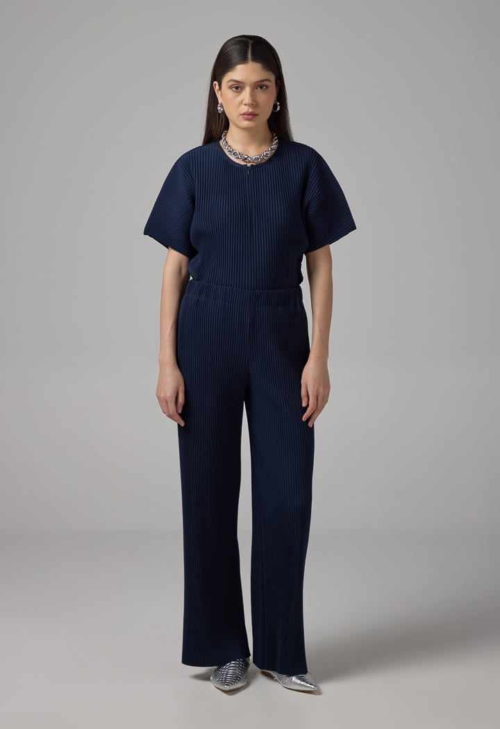 Choice Solid Pleated Wide Legs Trousers Navy