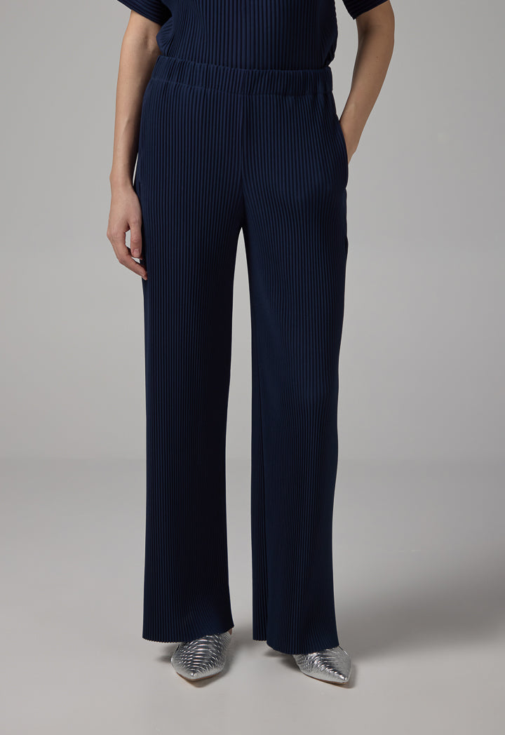 Choice Solid Pleated Wide Legs Trousers Navy