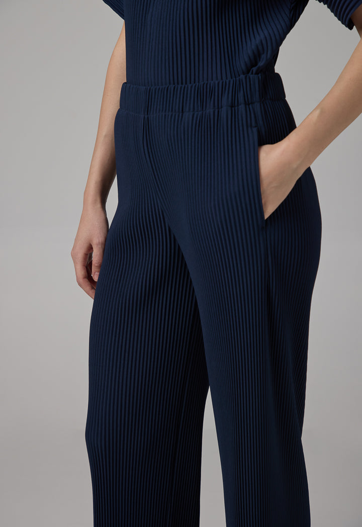 Choice Solid Pleated Wide Legs Trousers Navy