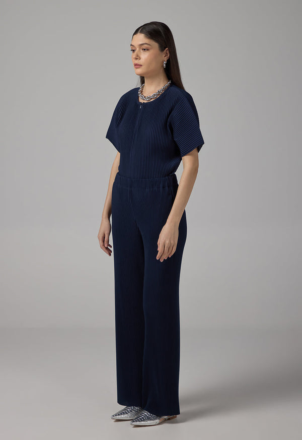 Choice Solid Pleated Wide Legs Trousers Navy