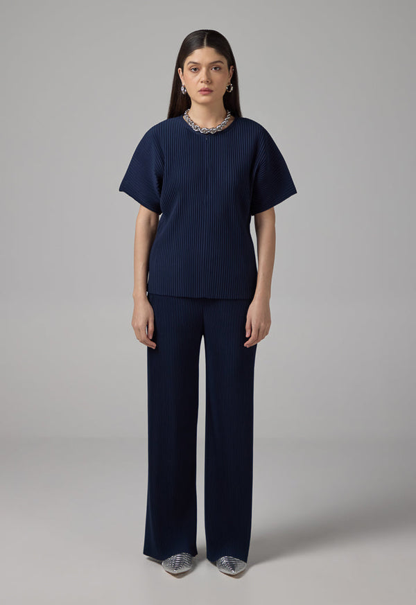 Choice Short Sleeve Pleated Blouse Navy