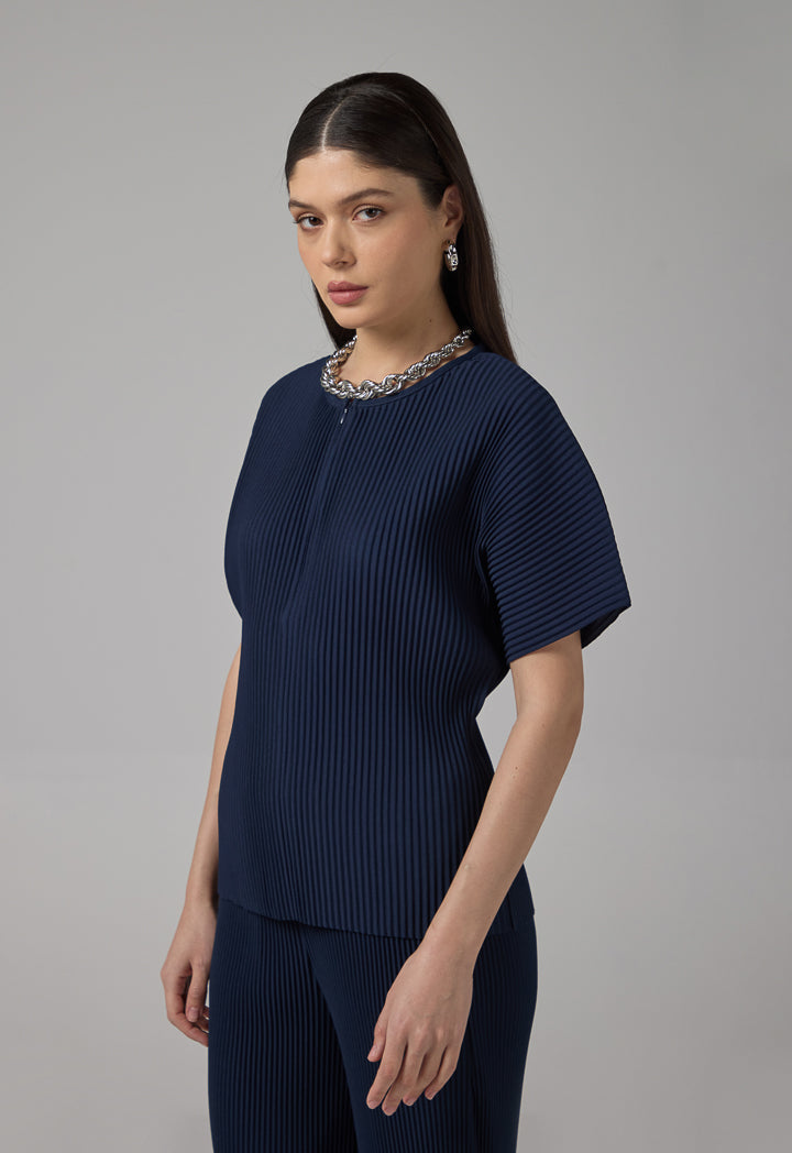 Choice Short Sleeve Pleated Blouse Navy