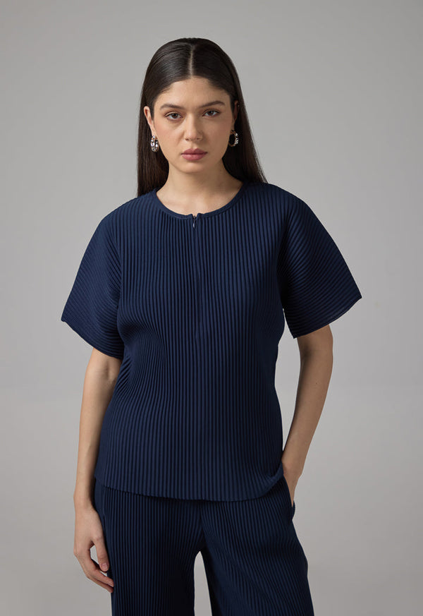 Choice Short Sleeve Pleated Blouse Navy