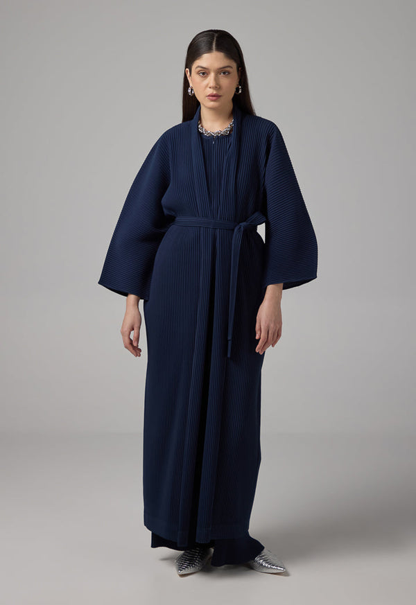 Choice Long Sleeve Pleated Basic Abaya With Belt Navy