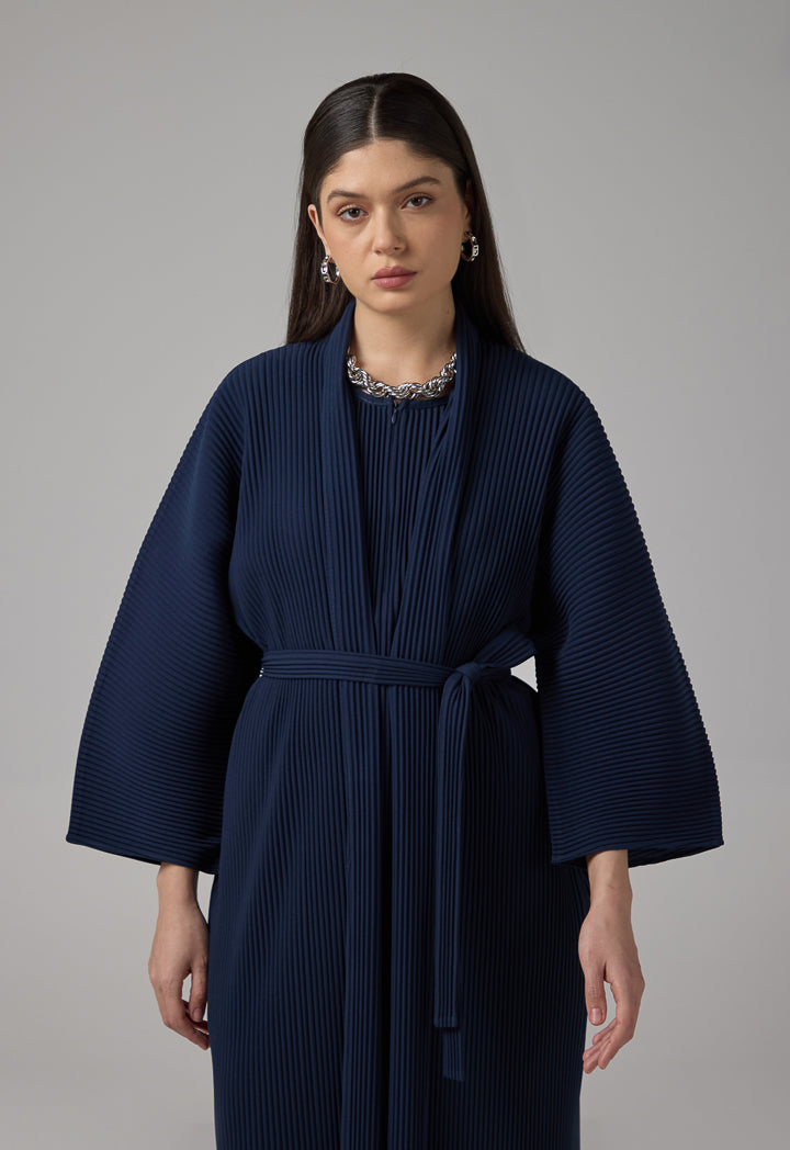 Choice Long Sleeve Pleated Basic Abaya With Belt Navy