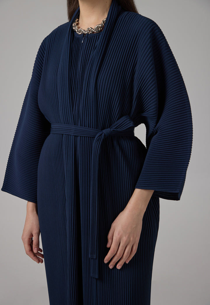 Choice Long Sleeve Pleated Basic Abaya With Belt Navy