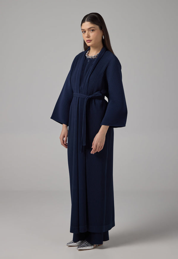 Choice Long Sleeve Pleated Basic Abaya With Belt Navy