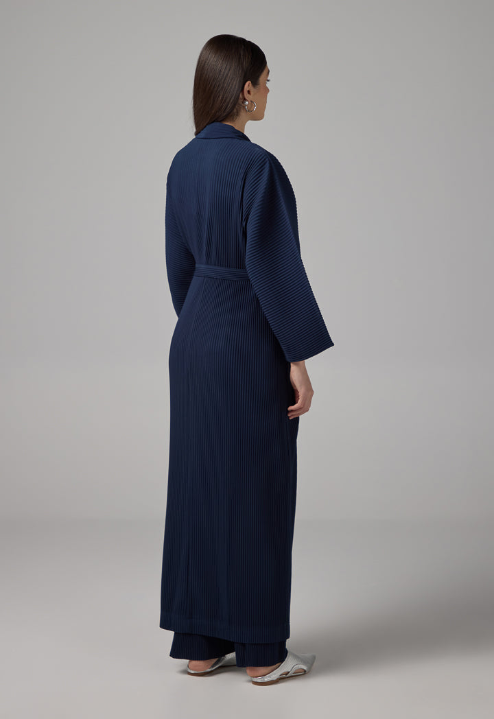 Choice Long Sleeve Pleated Basic Abaya With Belt Navy