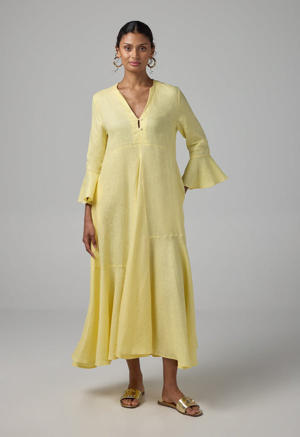Choice Solid Bell Sleeves Linen Dress Lemon