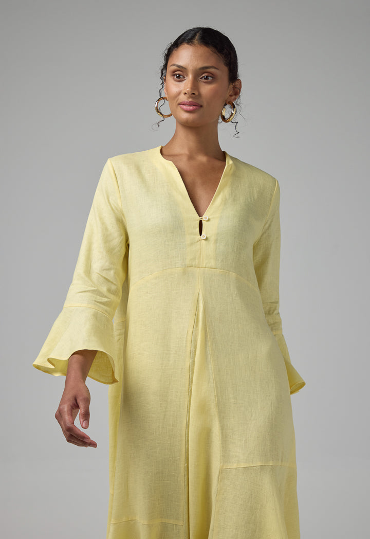 Choice Solid Bell Sleeves Linen Dress Lemon