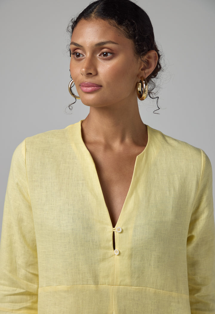 Choice Solid Bell Sleeves Linen Dress Lemon