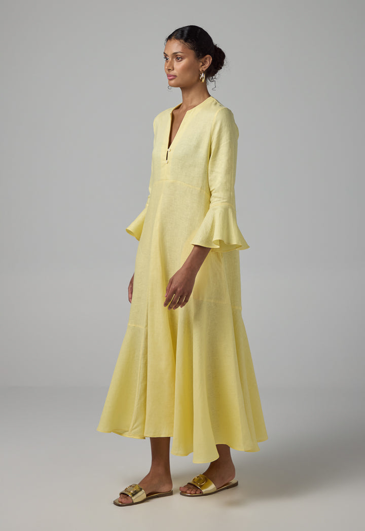 Choice Solid Bell Sleeves Linen Dress Lemon