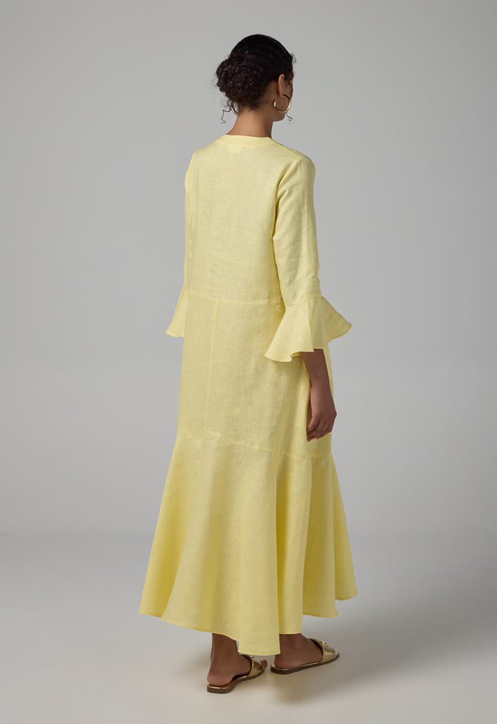Choice Solid Bell Sleeves Linen Dress Lemon