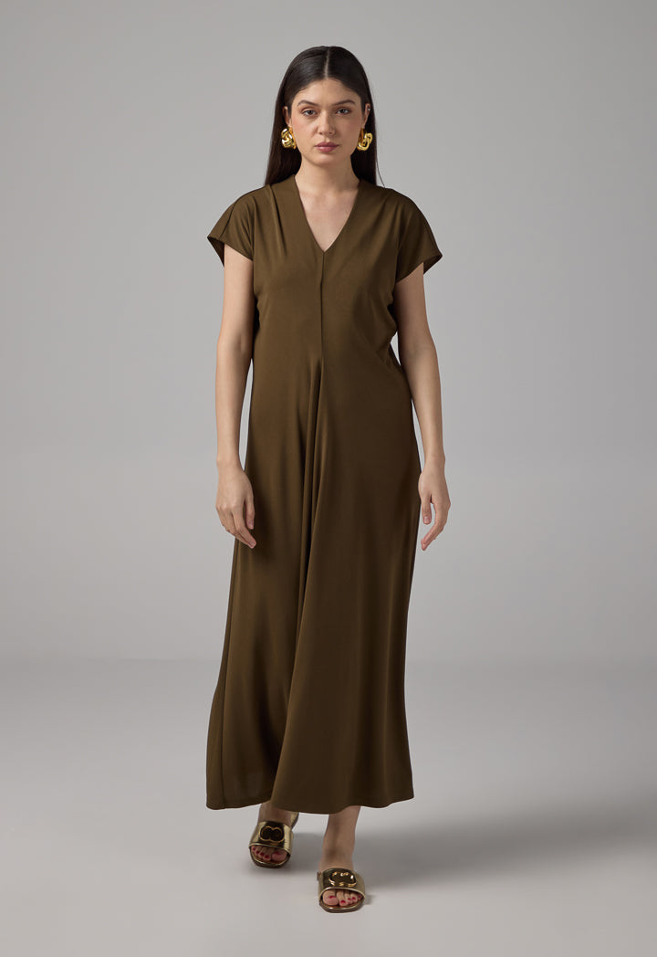 Choice Solid Cap Sleeves Dress Khaki