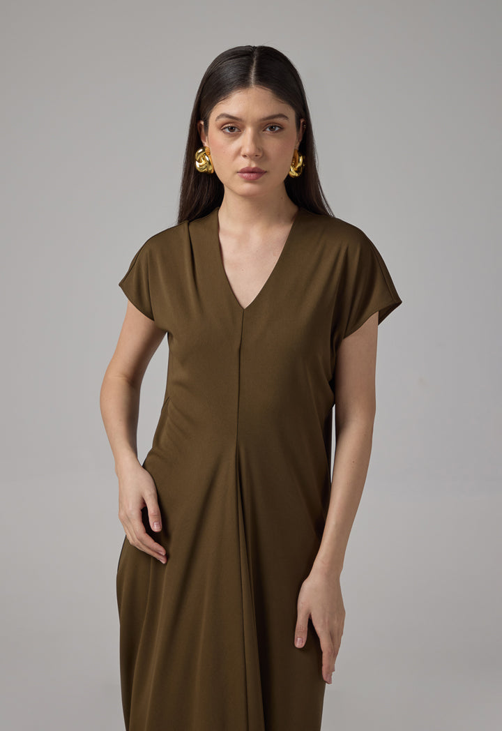 Choice Solid Cap Sleeves Dress Khaki