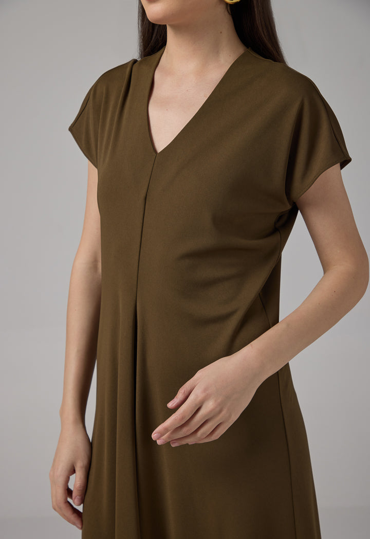 Choice Solid Cap Sleeves Dress Khaki