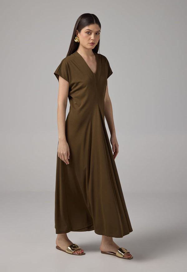 Choice Solid Cap Sleeves Dress Khaki