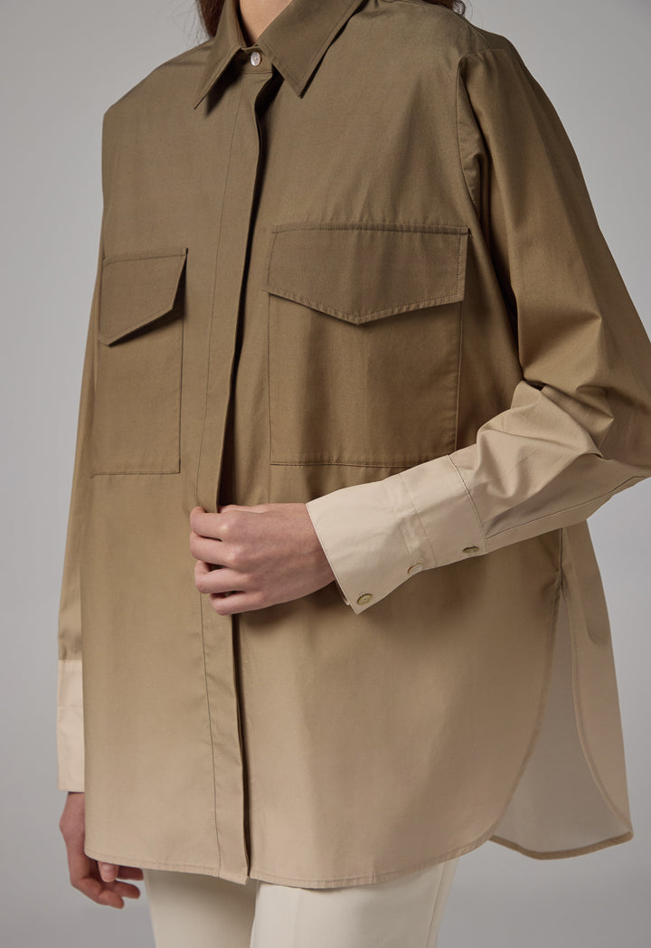Choice Front Flap Pockets Ombre Shirt  Khaki