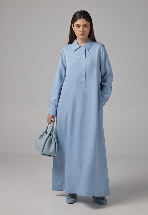 Choice Solid Long Sleeves Maxi Dress Blue