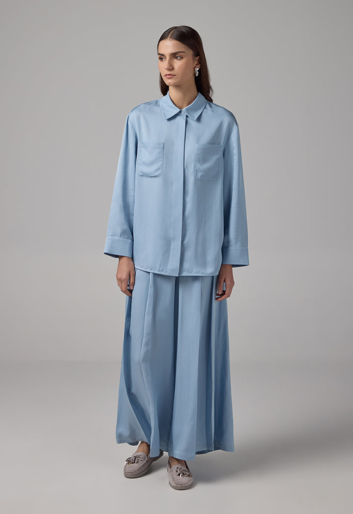 Choice Solid Front Pockets Belted Shirt Blue