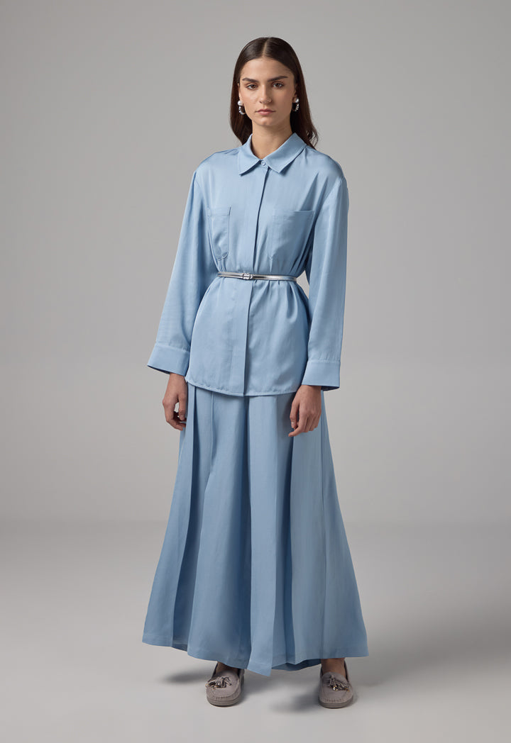 Choice Solid Front Pockets Belted Shirt Blue