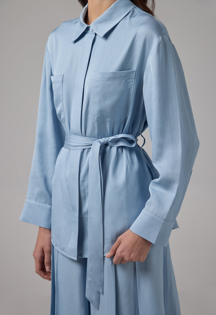 Choice Solid Front Pockets Belted Shirt Blue