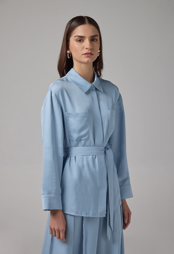 Choice Solid Front Pockets Belted Shirt Blue
