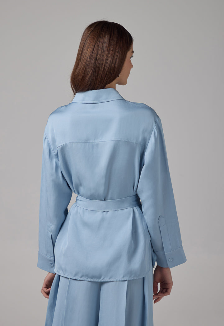 Choice Solid Front Pockets Belted Shirt Blue