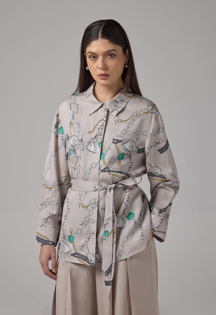 Choice Front Pockets Chains Print Shirt Multi Color