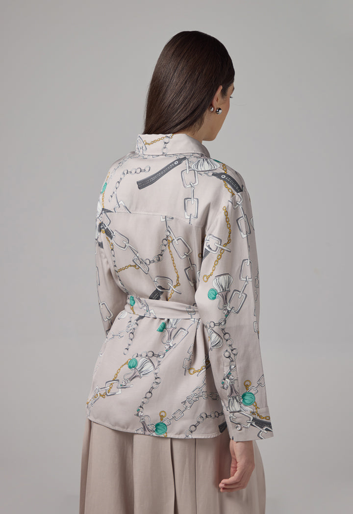 Choice Front Pockets Chains Print Shirt Multi Color