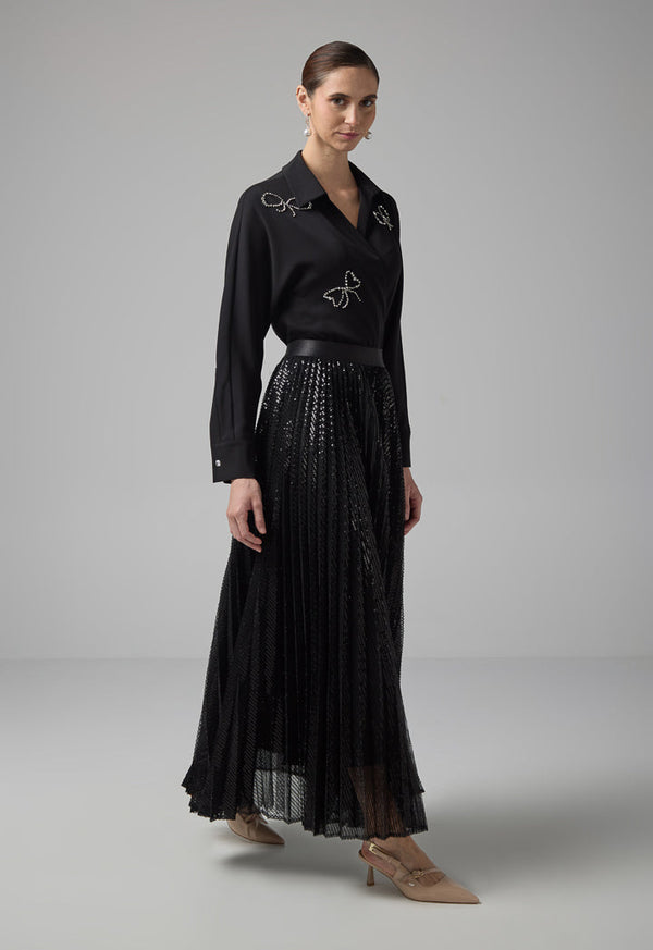 Choice Sequin Embellished Pleated Skirt Black