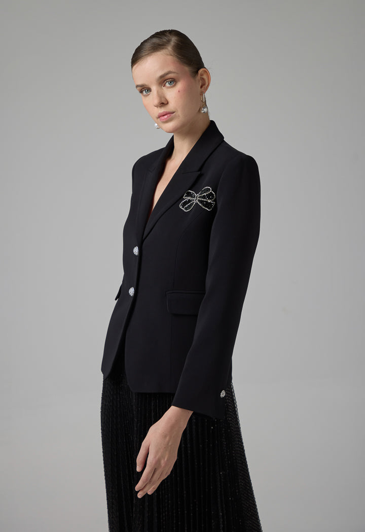 Choice Crystal Embellished Notched Collar Blazer Black