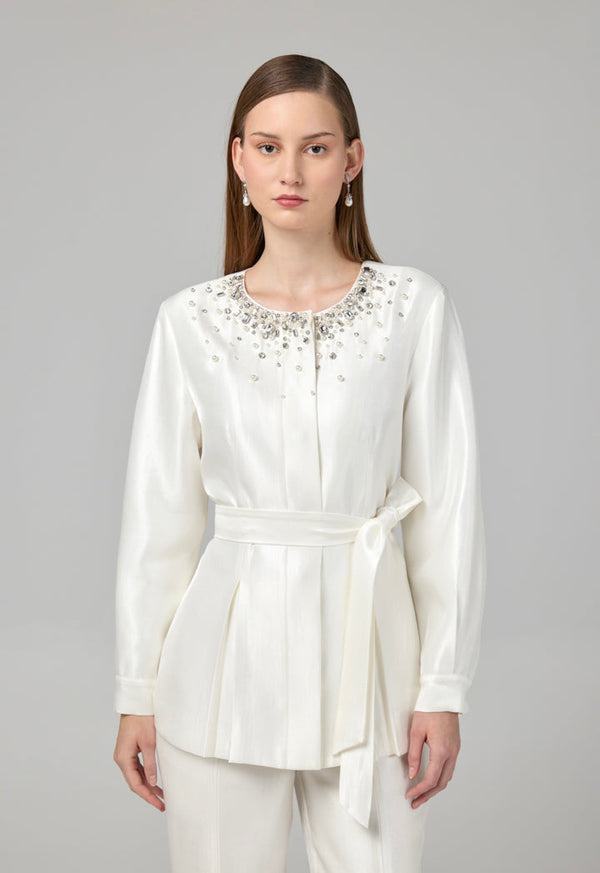 Choice Crystal Embellished Belted Jacket Off White