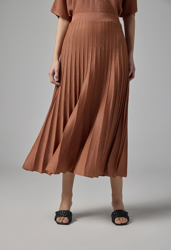 Choice Pleated Lurex Maxi Skirt Brick