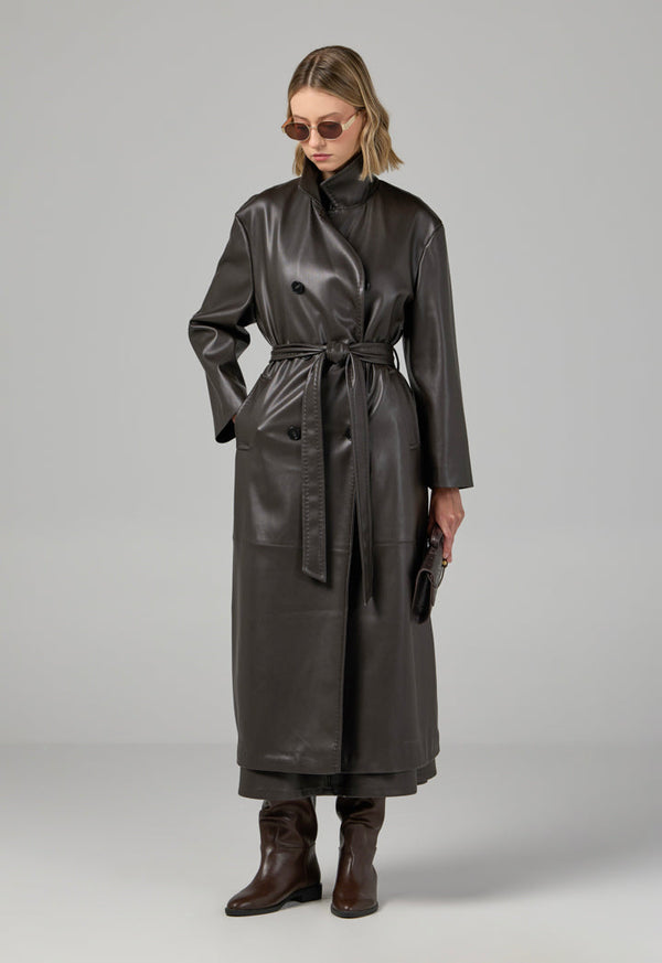 Choice Pu Leather Belted Trench Coat Brown