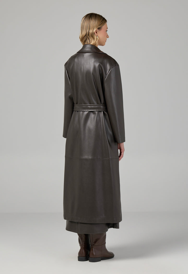 Choice Pu Leather Belted Trench Coat Brown