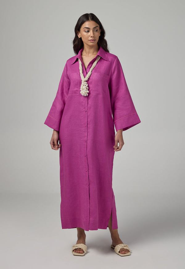 Choice Solid Linen Shirt Dress Purple