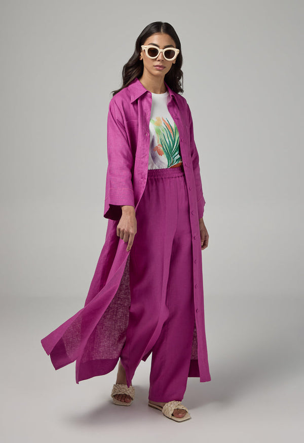 Choice Solid Linen Shirt Dress Purple